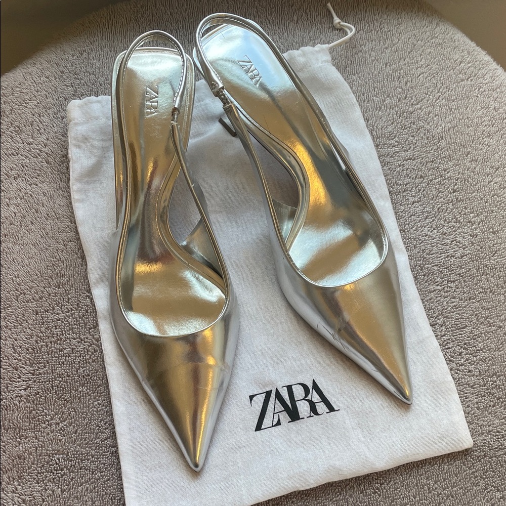 Zara Metallic Silver Pointed Slingback Heels